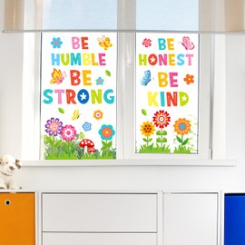 Whaline 9 Sheet Colorful Flower Window Clings Inspirational Quotes Reusable Window Decals Spring Floral Butterfly Glass Decor for Home Office School