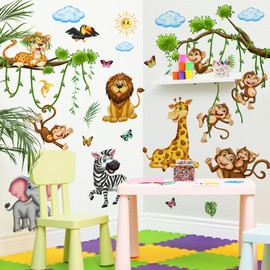 Dinosaur Wall Decals, Cartoon Jungle Theme with Palm Trees and Clouds, Kids Room Decorative Removable Stickers (M16016)
