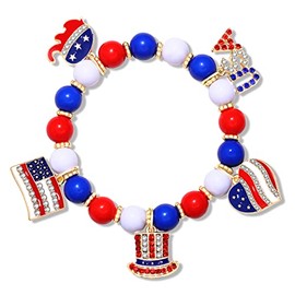 PHALIN American Flag Bracelet Patriotic Bracelet for Women Red White Blue Beaded Stretch Bracelet 4th of July Star Heart Star Charm Bracelet Jewelry Gift