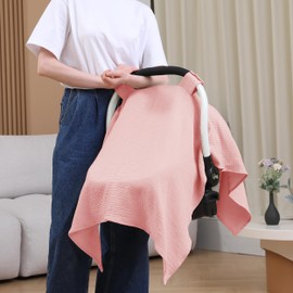 100% Muslin Cotton Car Seat Cover Baby, Carseat Canopy Cover, Universal Fit Stroller Covers for Boys and Girls (Pink)