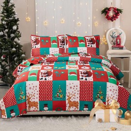 CHESITY Christmas Bedding Queen Size Christmas Reindeer Quilt Sets, Lightweight Holiday Full Quilt Home Winter Bedspread Coverlet Red Green Plaid Patchwork Quilt Santa Claus Snowflake (90"x90")