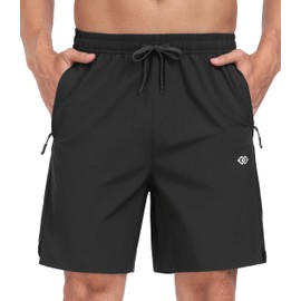 MoFiz Men's Running Short with Zipper Pocket Elastic Waistband Tennis Hiking Outdoor Fishing Short Black,2XL