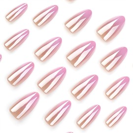 Vopintpy Pink Gradient Chrome Press on Nails Medium Almond Fake Nails Mirror Acrylic Glue on Nails Reusable Full Cover Stick on Nails for Women DIY Charm Manicure