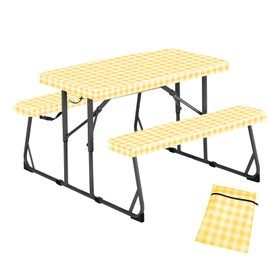 33" L x 20" W x 3" H Yellow Grid Picnic Table Cover for Kids, Fitted Tablecloth for Outdoors Oxford Cloth Waterproof Cloth for Camping Home Goods Indoor Outdoor Patio BBQ