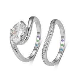 NAVISAFIRA 2-PC Oval Cut Moissanite Ring Set | S925 Sterling Silver 1.75CT Engagement Rings, Twisted Band & Curved Accent Band with Half Pavé, Non-Tarnish Wedding Jewelry for Women, 9, Silver