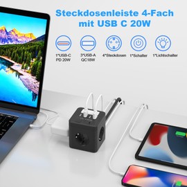 kinglink 4Fach Steckdosenleiste mit USB C PD 20W, USB Steckdosenwrfel mit Nachtlicht, Mehrfachsteckdose Wrfel mit Schalter, Mehrfachstecker Verteilersteckdose fr Zuhause Bro, 1,5m Kabel Schwarz