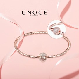 Gnoce Sterling Silver Basic Charm Bracelet Delicate Bangle with Crystal Edge Clasp Bracelets Women's DIY Snake Chain 18K Rose Gold Plated Adorable Gifts for Her, Silver