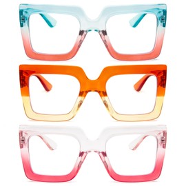 REAVEE 3 Pack Oversized Reading Glasses for Women Large Frame Extra Wide, Blue Light Blocking Readers Stylish Square Thick Eyewear, Green Orange+Orange Yellow+Pink Red, 3.0