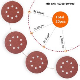 YoiYee 125mm/5-Inch Abrasive Sanding Discs – 8-Hole Hook & Loop Discs with Multi-Grit Pack (P40/60/80/100), 20-PCS Aluminium Oxide Sanding Pads for Orbital Sanders