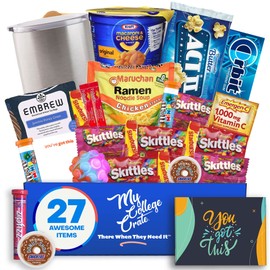 College Student Finals Crate (18 Piece Care Package) K-Cups, Candy, Snacks, Popcorn, Mac & Cheese, Sticky Notes, Travel Mug & More - My College Crate