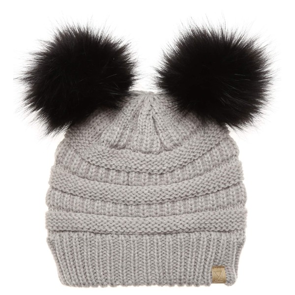 MIRMARU Kids Boys & Girls Winter Soft Warm Knitted Beanie Hat with Faux Fur Pom Pom for Ages 7-12 (Double Pom - Grey)