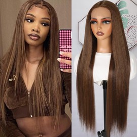 Lezaxiu 30 Inch Brown Lace Front Wigs Pre Plucked Long Straight Hair HD Lace Wigs Chocolate Brown Wig Heat Resistant Fiber Hair Glueless Synthetic Frontal Lace Wigs for Black Women