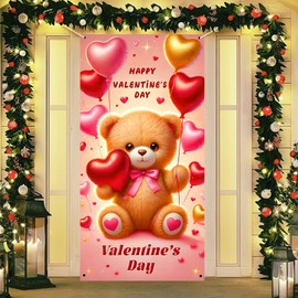 BlissYard Valentine's Day Door Banner 70x35 Adorable Teddy Bear Backdrop Heart Balloons Photo Background for Romantic Party Events Door and Home Decoration