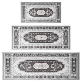 Gray Hallway Rug - Set of 3 Washable Kitchen Rugs Bohemian Non-Slip Low-Pile Laundry Room Rugs Soft Bathroom Floor Mats Printed Rug Runner Rugs for Entryways, Bedrooms and Living Rooms