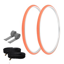 PRO+ Pair of Bike Bicycle TIRE 700 X 25 Orange/Orange SIDEWALL (2) Tires W/Tubes 33MM Schrader Valve, Rim Strips P-1035