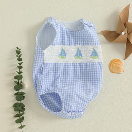 NEVUQO Baby Girl Boy Summer Clothes Sailing Boat Embroidery Gingham Sleeveless Romper Bodysuit Outfit 0 3 6 9 12 18 Months (Blue Plaid, 12-18 Months)