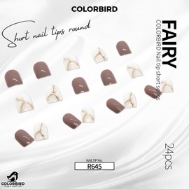 COLORBIRD Nail Tips, Short, 24 Pieces, Brown, White, Nail Tips, Short, Cute, Square Off (R645)