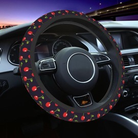 Cute Cherry Steering Wheel Cover for Women Men with 2 Pcs Car Coasters, 15 Inches Neoprene Anti-Slip Cute Universal Red Car Accessories Protective Cover for Vehicle