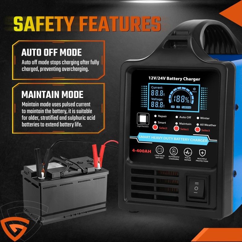 GEARZAAR Heavy Duty Car Battery Charger 12V/24V Smart Automatic Intelligent