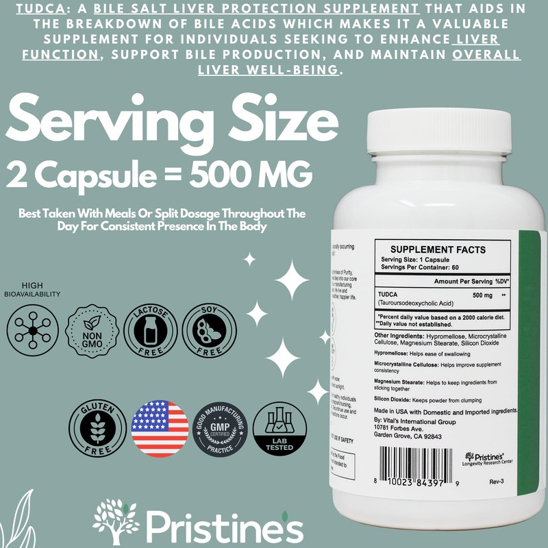 PRISTINE'S Tudca 500MG Liver Support & Purified Bile Salts Supplement
