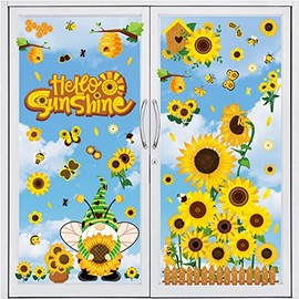 Whaline 9 Sheets Sunflower Back to School Window Clings Stickers Hello Sunshine Flowers Bee Gnome Large Double-Sided Window Decals for Spring Summer Fall School Home Office Accessories Party Supplies