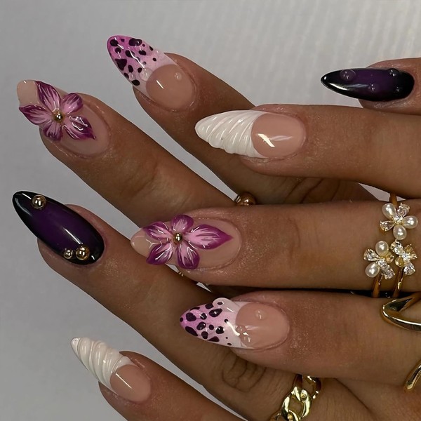 BABALAL Press on Nails Almond Medium Fake Nails Purple Ombre