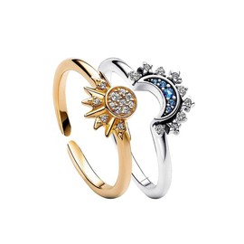 TOFBS Set of 2 Sun and the Moon Friendship Rings Gold Rings with Cubic Zirconia Silver Adjustable Open Promise Matching Rings for Women, Metal