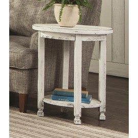 Rustic Cottage Round End Table with 1 Shelf, White Antique