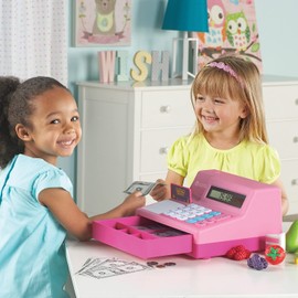 Learning Resources Pretend & Play Calculator Cash Register Pink - 73 Pieces, Ages 3+, Cash Register for Kids, Play Money for Kids, Toddlers Toys, Toy Register, for Kids