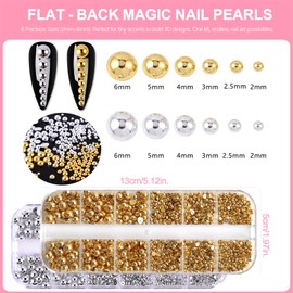 JFIYUOMCI 24 Grids/2 Boxes Flat-Back Nail Pearls - (Silver & Gold) 3D Nail Charms and Gems Rhinestones, Metal Beads for Nails, Nail Art Supplies for DIY Acrylic Nails Face Makeup and Crafting