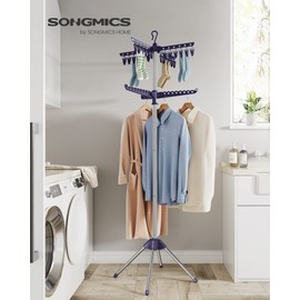 SONGMICS 2-Tier Clothes Drying Rack, 72-Inch Folding Laundry Drying Rack with 3 Rotatable Arms for Hangers, 24 Clips, Stainless Steel, for 27 Pieces of Clothes, Blue and Silver ULLR512Q01