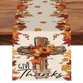Croar Thanksgiving Christian Cross Dining Table Runner, Religious Fall Give Thanks Pumpkin Maple Leaves Burlap Kitchen Decoration, Autumn Farmhouse Indoor Outdoor Home Decor Party Supply 13 x 72 in