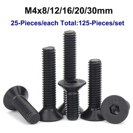 FandWay Countersunk Screw with Hexagon Socket DIN7991, M4 x 8/12/16/20/30 mm, Black, 10.9 Class Carbon Steel, Countersunk Screw, Flat Button Screw Set with Wrenches (25 of Each Size)
