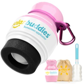 Solar Buddies Grab & Go Travel Bundle, Carabina Clip & Cleaning Brush - Single Full Pink - Refillable Roll on Sponge Sunscreen, Suncream & Lotion Applicator For Kids, Adults & Families - Holds 100ml