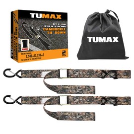 Tumax 1.5" x 8ft Heavy-Duty Tie Down Straps, 2500lbs Break Strength Cam Buckle Cargo Straps with Safety S-Hooks for Securing Motorcycle, Lawn Equipment, Appliances (2-Pack, Camouflage)