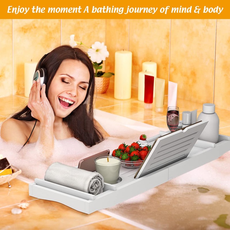 Zhuoyue Bamboo Bathtub Tray, Expandable Premium Bath Tray for Luxury