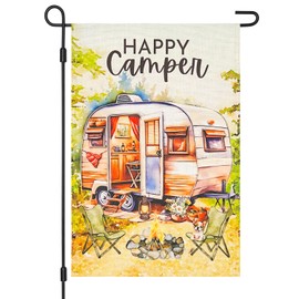 Vigor Home Happy Camper Camping Garden Flag Double Sided 12×18 Inch,Vertical Burlap RV Campfire Firepit Flags for Campsite Yard Outdoor Party Decoration