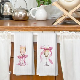 XPH Coquette Pink Bow Champagne Kitchen Dish Towels Set of 2, Cocktail Lover Gifts for Women, Preppy Pink Wine Flutes Hand Towels Kitchen Bathroom Bar Home Tea Towels Decorations, 16x30inch