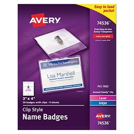 Avery Clip Name Tags, Print or Write, 3" x 4", 50 Inserts & Badge Holders with Clips (74536)