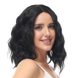 BUYOGET Wavy Bob Wig Medium Short Off Black Synthetic Shoulder Length Realistic Natural Scalp Adjustable Lace Front Wigs for Women