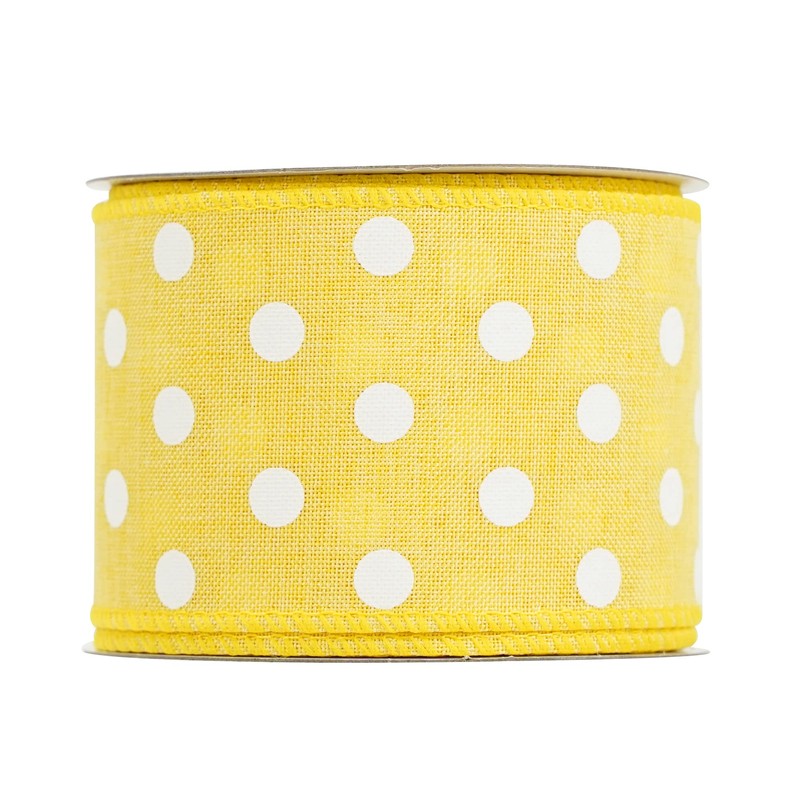 HUIHUANG Yellow Polka Dot Burlap Ribbon Wired Edge Ribbon 2.5