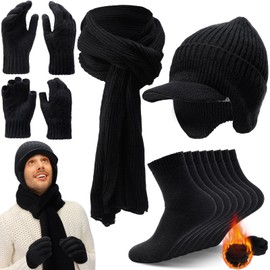 Jeere 8 Pcs Winter Warm Set for Men Black Knitted Beanie Earflap Cap Touchscreen Half Finger Glove Scarf Socks (Sports Style)