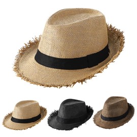 haozaikeji Mens Summer Panama Fedora Hat Trilby Hat Braid Straw Short Brim Beach Sun Hat Sun Protection UPF 50 Fashion Casual Jazz Cap for Traveling Holiday Breathable Summer Wear Khaki