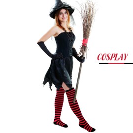 Geyoga Women's High Striped Tights Socks Christmas over Knee Striped Long Stockings(Black-red)