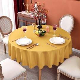 MEANMOY Gold 210 GSM Water & Stain Resistant Round Tablecloth for Circle Table - Solid 90 Inch Table Cloth Cover in Wrinkle Free Durable Washable Polyester Fabric for Wedding, Party, Banquet