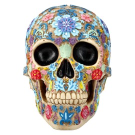 Skull Figurine with Floral Pattern - 16 cm Height, Bone Coloured, Day of the Dead Style, Summit Collection, Colourful Flowers, Sugar Skull