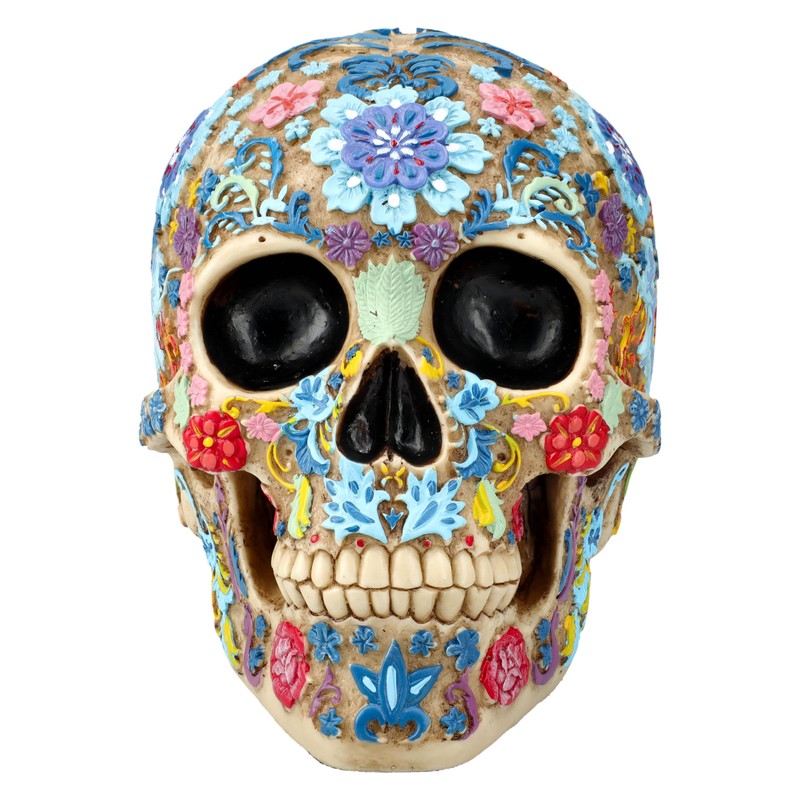 Skull Figurine with Floral Pattern - 16 cm Height, Bone