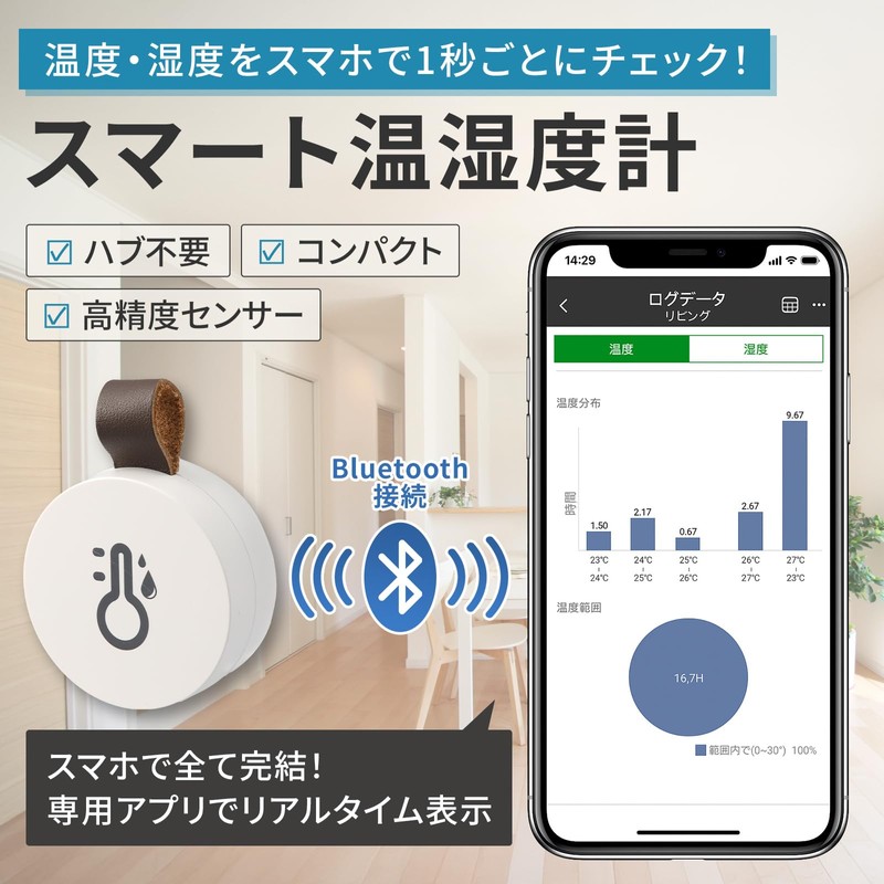 Smart Thermometer/Hygrometer, Bluetooth Digital Thermometer/Hygrometer, Smartphone Compatible, Smart Sensor, Data
