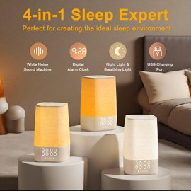 Allivoox 4-in-1 White Noise Sound Machine Alarm Clock, 30 Soothing Sounds, Dimmable Breathing Night Light for Bedroom, Gentle Wake Up Light Digital USB Alarm Clock for Heavy Sleepers Adults & Kids