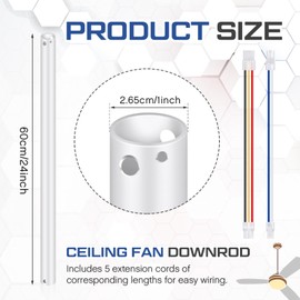 VIHOSE 24 Inch Ceiling Fan Downrod with Extension Cord 2 ft White Downrod for Ceiling Fan 1 Inch Outside Diameter Not Threaded Suitable for a Wide Range of Fans
